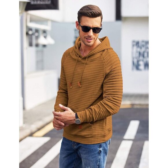 Men Yellow Pullover Casaul Long Sleeve Drawstring Waffle Knit Hooded Sweatshirt - Picture 3 of 7